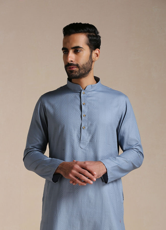 alt message - Manyavar Men Dusty Blue Self Patterned Kurta Set image number 0